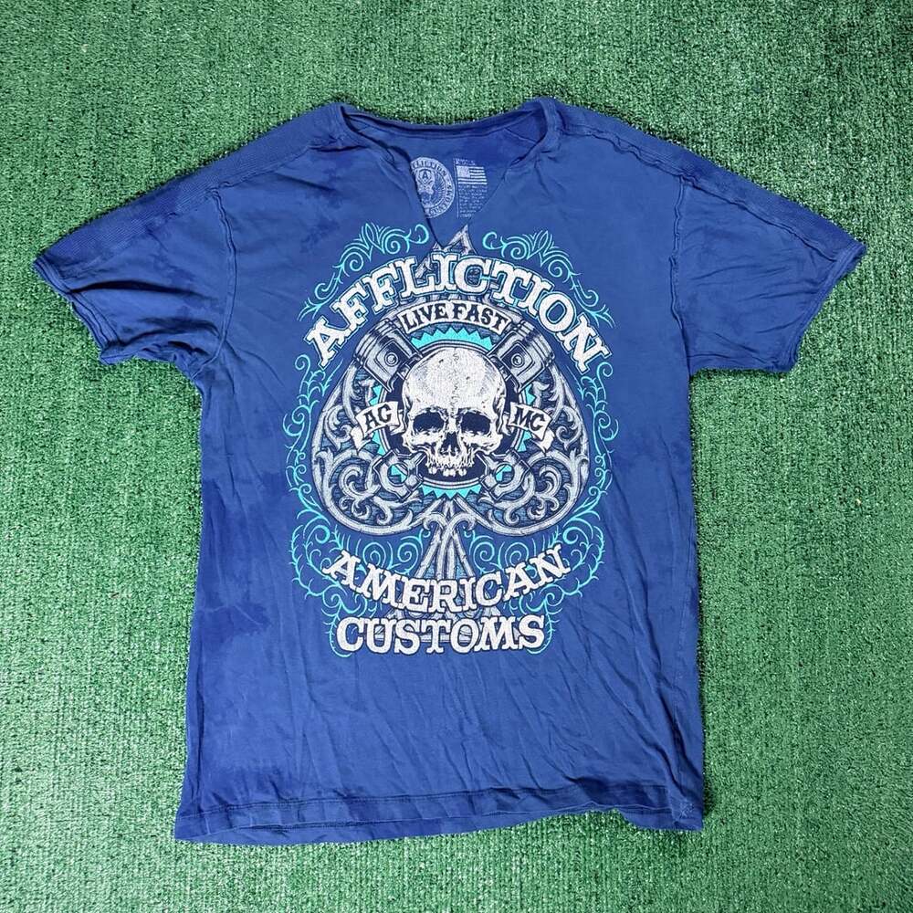 Y2K Affliction American Customs T-Shirt Size Large Blue Skull